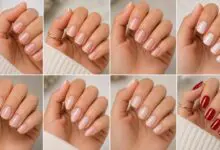 Eight short nail shapes shown in a clean close-up manicure collage