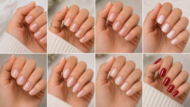 Eight short nail shapes shown in a clean close-up manicure collage