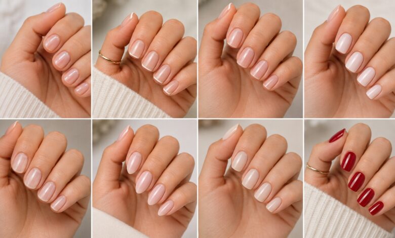 Eight short nail shapes shown in a clean close-up manicure collage