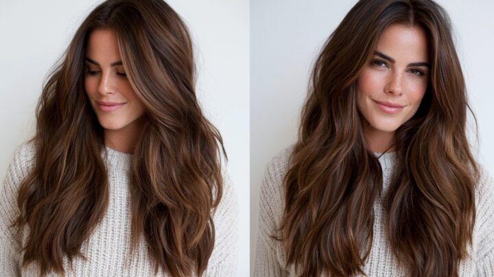 Person with long brown hair featuring soft caramel toned highlights and loose waves
