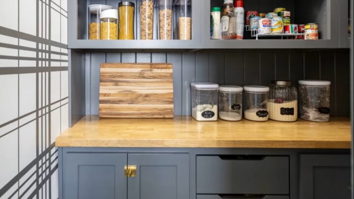 Compact butler pantry with gray cabinets, wood counter, labeled jars, cans, and a wood board