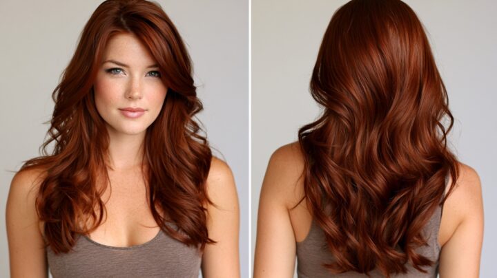Long layered cinnamon red hair with soft waves, shown from the front and back