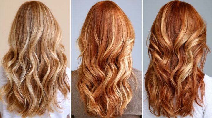 Three examples of wavy copper blonde balayage hair featuring soft blonde highlights and dimensional color