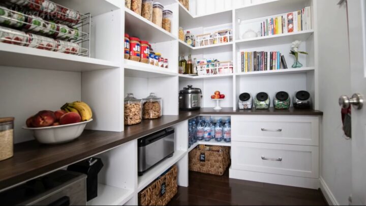 Small butler pantry with tall white shelves, dark counters, baskets, jars, fruit, and small appliances