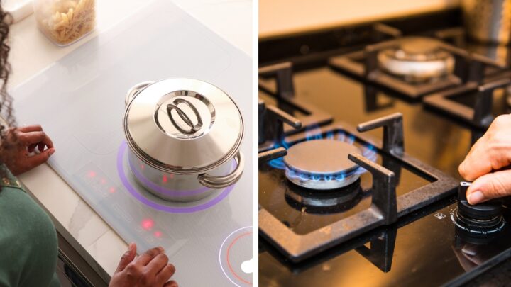 Induction cooktop and gas stove controls shown side by side for safety comparison