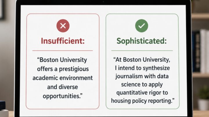 A laptop screen shows weak and strong Boston University essay examples side by side