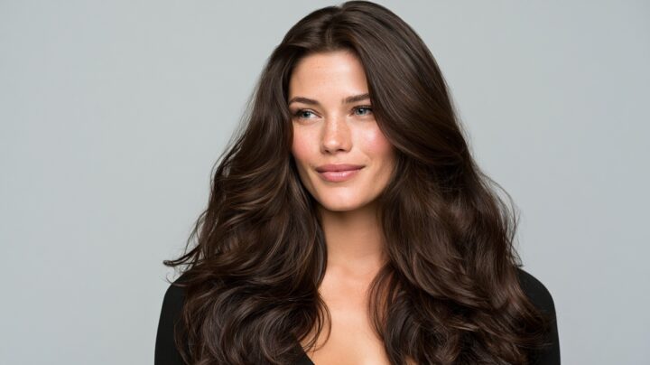 Person with long, glossy dark brown hair styled in soft waves against a light background
