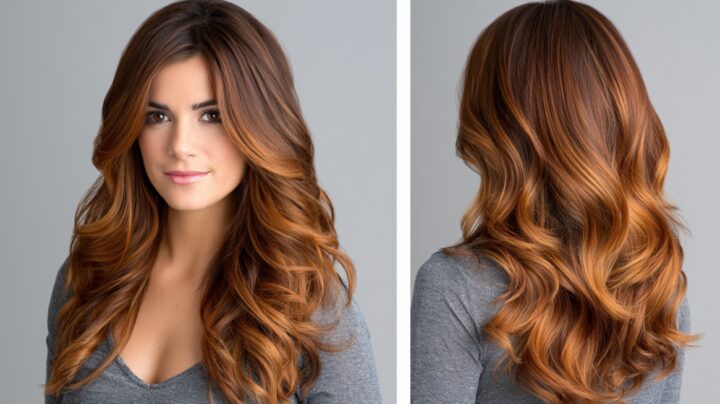 Long wavy brunette hair with golden caramel balayage highlights shown from the front and back