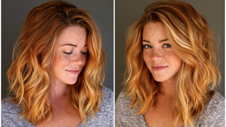 Shoulder-length wavy honey blonde hair with golden highlights, shown from two angles