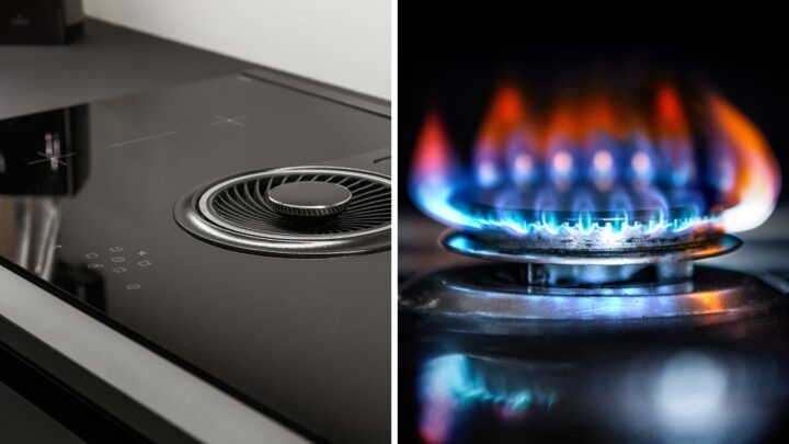Induction cooktop and gas burner shown side by side for cost comparison