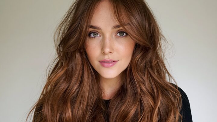 Person with long wavy honey brown hair featuring warm golden highlights and soft texture