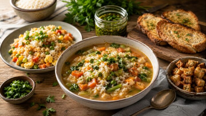 Rice soup, fried rice, toast, croutons, and herbs sit on a rustic wooden table