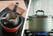 Induction cooktop and gas stove shown side by side with pots on each surface