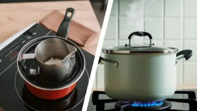 Induction cooktop and gas stove shown side by side with pots on each surface