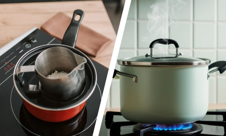 Induction cooktop and gas stove shown side by side with pots on each surface