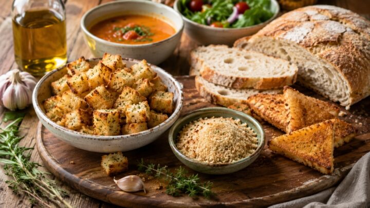 Croutons, breadcrumbs, fried bread, and sliced rustic bread sit on a wooden board