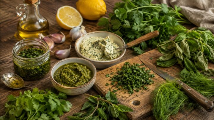 Herbs, pesto, herb oil, and herb butter sit on a rustic kitchen table