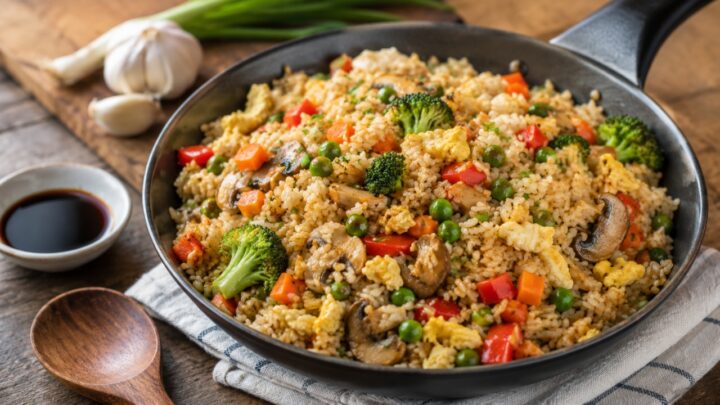 Fried rice with vegetables, egg, mushrooms, and soy sauce sits in a black skillet