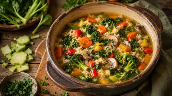 A rustic bowl of vegetable rice soup sits on a wooden table