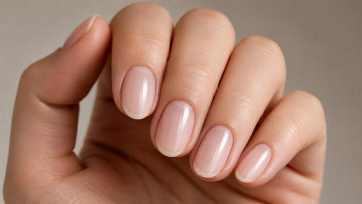 Short oval nails with glossy sheer pink polish on a close-up hand