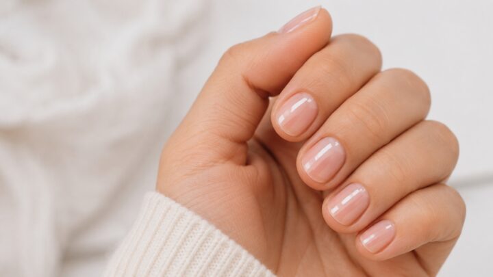 Short round nails with sheer pink polish on a close-up hand