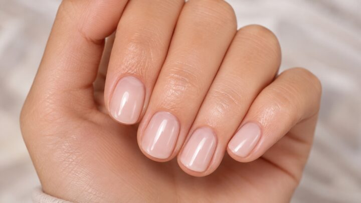 Short rounded squoval nails with milky pink polish on a close-up hand