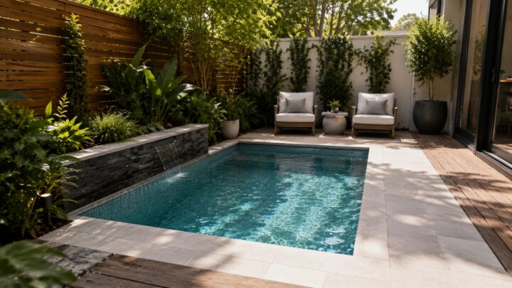 Small saltwater pool in a modern backyard with a water feature and shaded seating