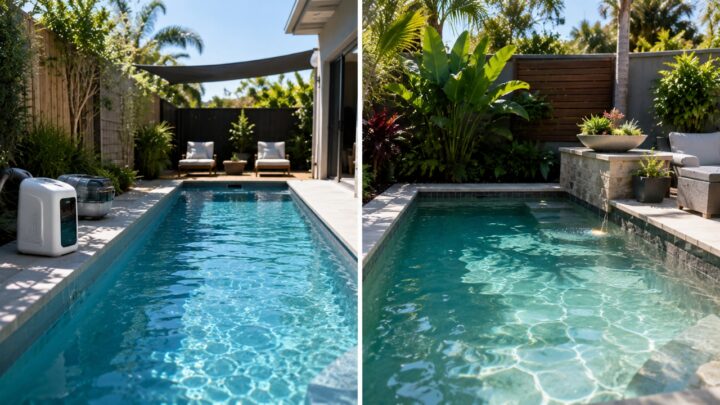 Small backyard saltwater and mineral pools side by side with modern outdoor seating