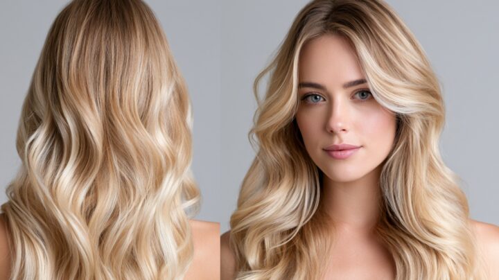 Long wavy sandy blonde hair with soft beige and creamy blonde tones, shown from the front and back