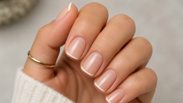 Short soft square nails with micro French tips on a close-up hand