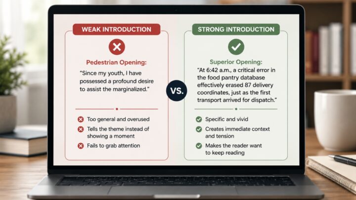 A laptop screen compares weak and strong college essay introductions side by side