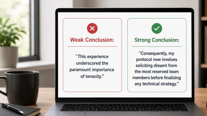 A laptop screen compares weak and strong college essay conclusions
